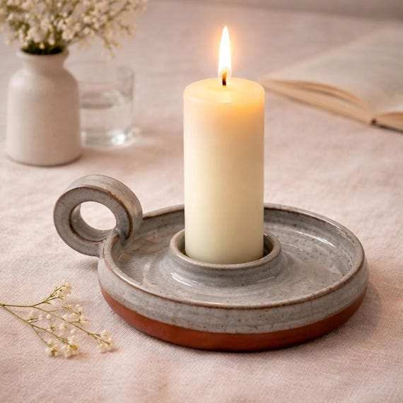 Candle holder with handle – hand-thrown, grey speckled – stoneware taper candle holder, home decor | table decoration | gift idea