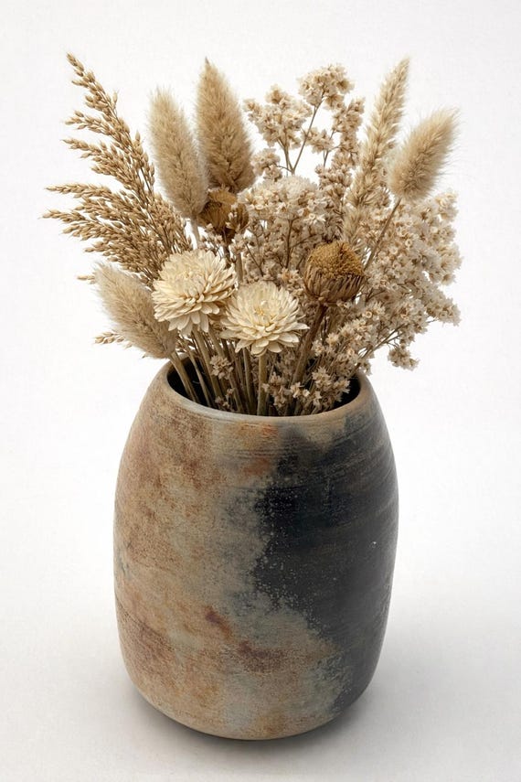 Handmade pit-fired vase – an imperfect ceramic vase with color variations created by fire, suitable for dried flowers, a unique decorative piece.