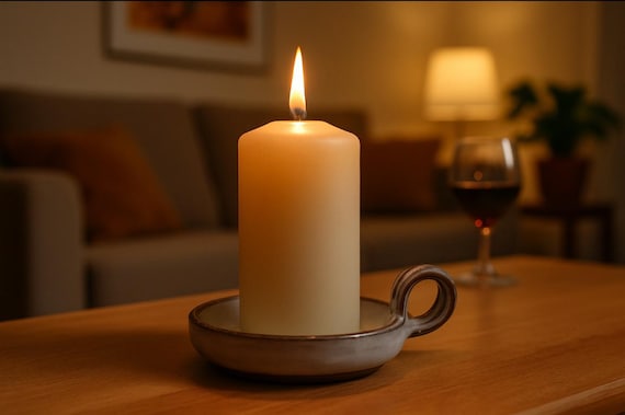 Hand-made candle holder for pillar candles – with handle & pattern, white glazed, brown clay, unique ceramic piece