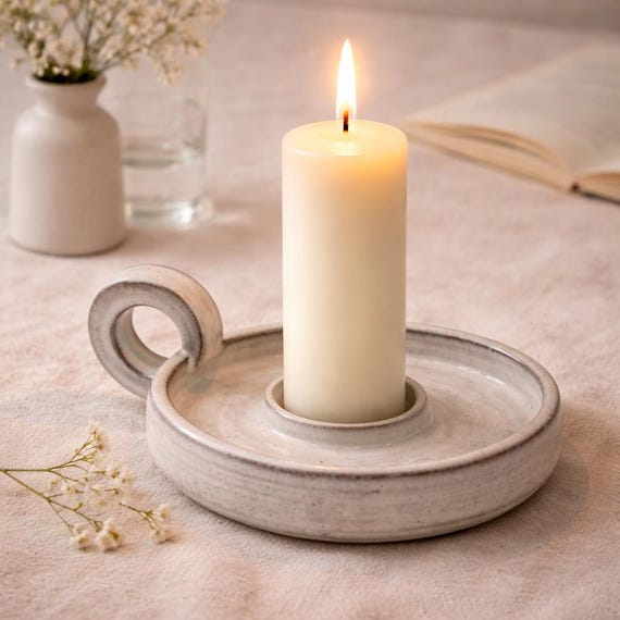 Ceramic candle holder with handle - handmade, white glazed - timeless - minimalist - gift idea