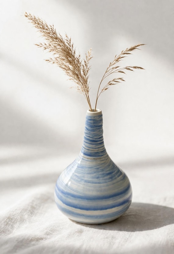 Ceramic vase, blue and white glossy - handmade, narrow neck, small modern vase, decorative vase, gift idea