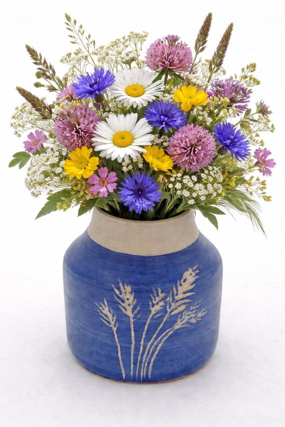 Small handmade blue ceramic vase – bulbous vase with grass pattern, small modern decorative vase, unique gift idea | B-001