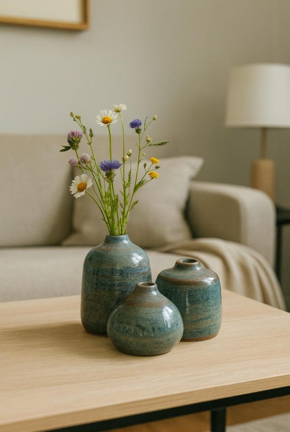 Hand-turned ceramic vases in a set – blue-green glazed – unique trio, rustic decoration & gift idea for Christmas