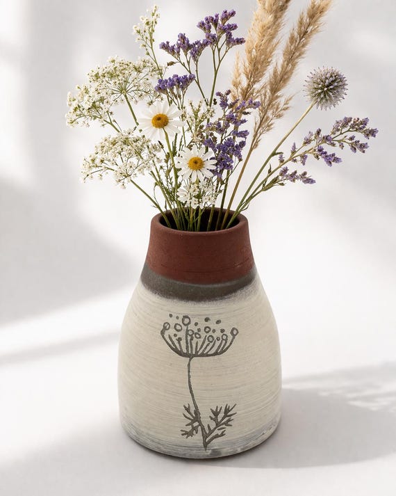 Small, white, matte ceramic flower vase with a motif – hand-thrown – vase for fresh flowers – modern decor – gift for women | MW-7