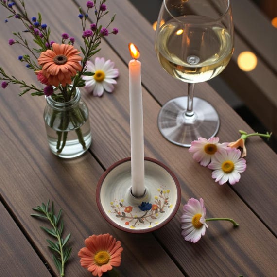 Ceramic candle holder with floral design - hand-painted | matte white - brown | spring and summer table decoration, candlestick for taper candles