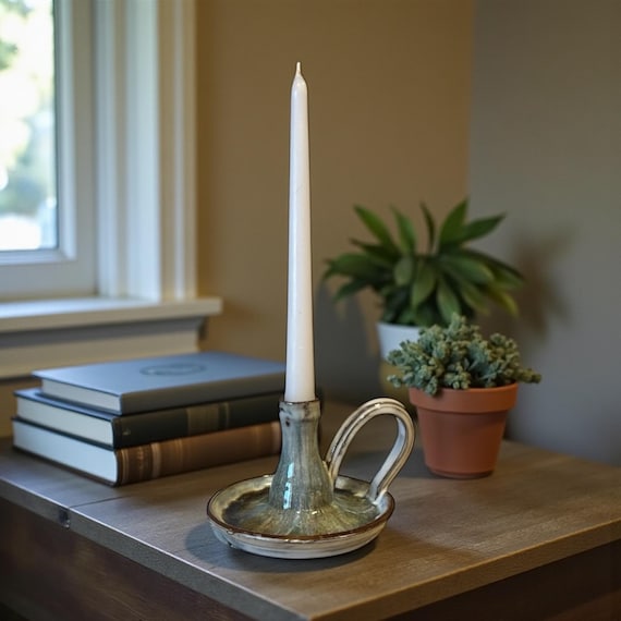 Handmade ceramic candle holder – green-grey-blue glaze – for taper candles | handmade candle holder gift | gift for women