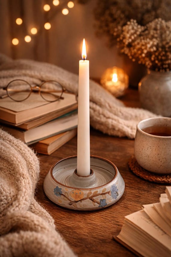 Hand-painted white ceramic candle holder – taper candle holder – table decoration – gift idea – unique piece – 12 cm