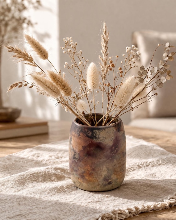 Imperfect pit-fired vase, handmade – ceramic vase with natural color variations, dried flower vase, unique decorative piece