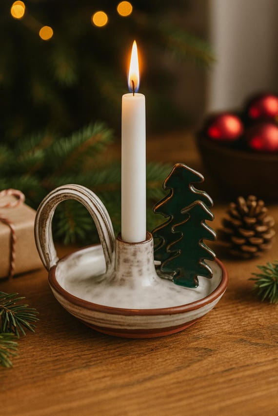 Ceramic candle holder with handle and fir trees – handmade Christmas table decor | Candle holder pottery | Advent | Studio MABA