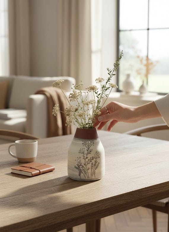 Small matte white ceramic vase with pattern – hand-thrown – vase for fresh flowers – modern decor – gift for girlfriend or mother | MW-9