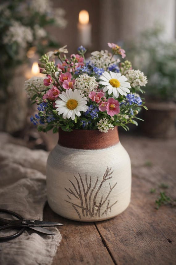 Small ceramic vases for fresh flowers | hand-thrown from stoneware with white engobe and engraved motifs | gift idea | various options