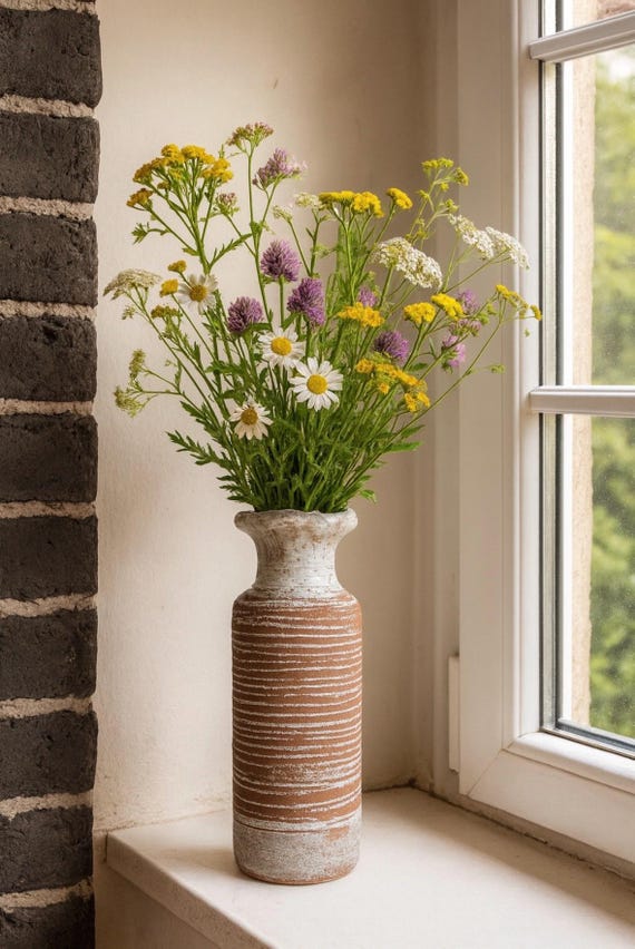 Ceramic vase matte white – handmade clay vase with flower crown – 27cm – unique, modern & elegant