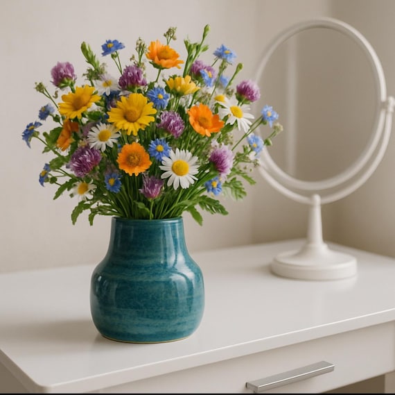 Small hand-thrown vase in blue-green – glazed ceramic unique piece / V-BG-001