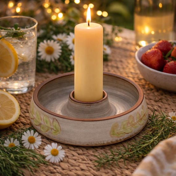 Hand-painted white ceramic candle holder – taper candle holder – table decoration – gift idea – spring/summer decoration – 12 cm