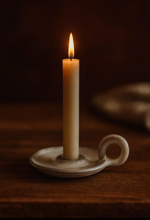 Handmade ceramic candle holder – glossy white on brown clay | Taper candle holder with handle | Christmas gift idea