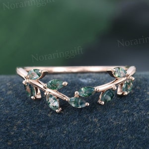 Marquise cut Moss agate Curved wedding band vintage Delicate rose gold ring Leaf ring Branch band Bridal ring Matching ring Anniversary ring