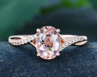 Oval cut Pink sapphire engagement ring vintage rose gold ring diamond ring Unique twisted band moissanite ring promise ring Anniversary ring