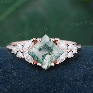 Princess cut Moss Agate engagement ring Unique rose gold moissanite ring Marquise diamond ring promise ring Bridal ring anniversary ring