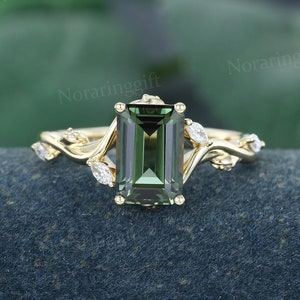 Emerald cut Green Sapphire engagement ring vintage yellow gold ring Marquise moissanite ring diamond ring leaf ring promise ring Bridal ring