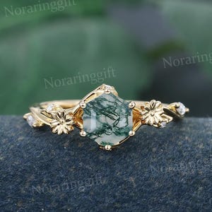 Unique Hexagon cut Moss Agate engagement ring vintage Flower ring yellow gold ring moissanite ring diamond ring Bridal ring Anniversary ring