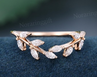 Marquise cut Moissanite Curved wedding band vintage rose gold ring Leaf Branch ring diamond band Bridal ring Matching ring Anniversary ring