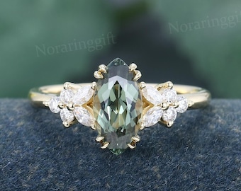 Marquise cut Green Sapphire engagement ring Unique yellow gold moissanite ring diamond ring Dainty Marriage ring wedding ring Promise ring