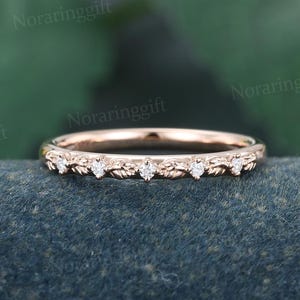 Unique Diamond wedding band rose gold ring Plain ring leaf band Bridal ring Stackable ring Matching ring Promise ring Anniversary ring