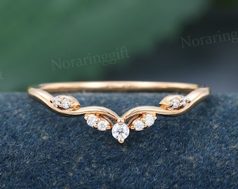 Unique Moissanite curved wedding band vintage Delicate rose gold curved wedding ring Dainty diamond band Bridal Antique Matching ring