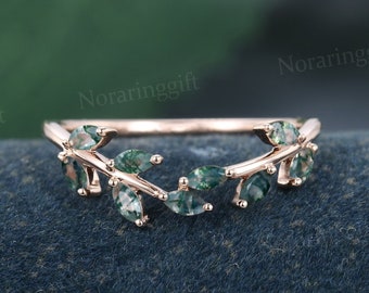 Marquise cut Moss agate Curved wedding band vintage Delicate rose gold ring Leaf ring Branch band Bridal ring Matching ring Anniversary ring