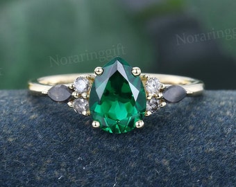 Pear Shaped Emerald engagement ring Unique yellow gold ring Marquise cut Salt and pepper Diamond ring bridal dainty promise ring annual ring