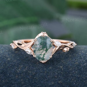 Unique Oval cut Moss Agate engagement ring vintage rose gold ring Marquise moissanite ring diamond twisted ring Bridal ring Promise ring