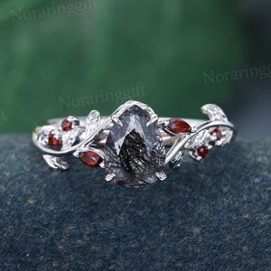 Einzigartiger Birnenförmiger Verlobungsring 925er Silber Vintage Weißgoldring Marquise Granat Blattring Verlobungsring Brautring Botanischer Ring