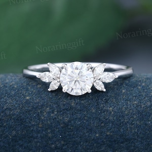 Unique Moissanite engagement ring vintage white gold engagement ring Marquise cut diamond Cluster ring women wedding Bridal dainty ring