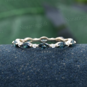 Marquise cut Green Blue Sapphire wedding band vintage yellow gold Moissanite ring Full eternity Bridal ring Matching Anniversary ring