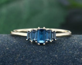 Unique Baguette cut London Blue Topaz engagement ring yellow gold ring Bridal ring promise ring Delicate wedding ring Promise Ring