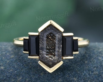 Long Hexagon cut Black Rutilated Quartz engagement ring Unique yellow gold Bezel ring Baguette Black Onyx ring Bridal ring anniversary ring