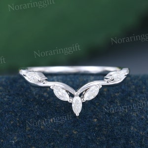 Marquise cut Moissanite Curved wedding band vintage Delicate White gold Curved wedding ring Dainty diamond band Bridal Antique Matching ring
