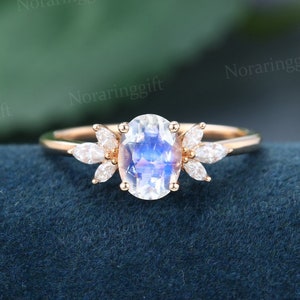 Oval moonstone engagement ring vintage unique rose gold engagement ring women Marquise diamond Moissanite ring Bridal Anniversary gift