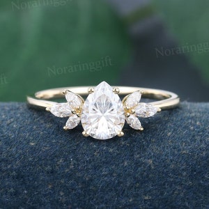 Pear shaped Moissanite engagement ring Unique yellow gold engagement ring Marquise cut diamond Cluster ring Bridal ring dainty Annual ring