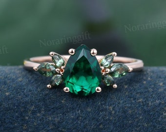 Pear Shaped Emerald engagement ring Unique rose gold ring Marquise cut Blue Green Sapphire wedding bridal dainty ring women annual ring