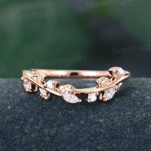 Marquise cut Moissanite Curved wedding band vintage rose gold ring Leaf Branch ring diamond band Bridal ring Matching ring Promise ring