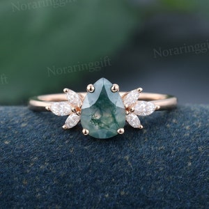 Unique Pear shaped Moss Agate engagement ring vintage rose gold engagement ring Marquise cut diamond Cluster ring wedding Bridal dainty ring