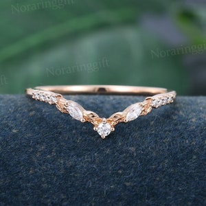 Marquise cut Moissanite curved wedding band vintage Delicate rose gold leaf wedding ring Dainty diamond band Bridal Antique Matching ring