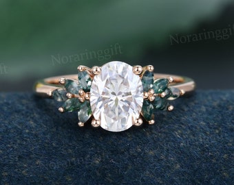 Oval cut Moissanite engagement ring Unique rose gold engagement ring Marquise cut Moss agate Cluster ring Bridal dainty Anniversary ring