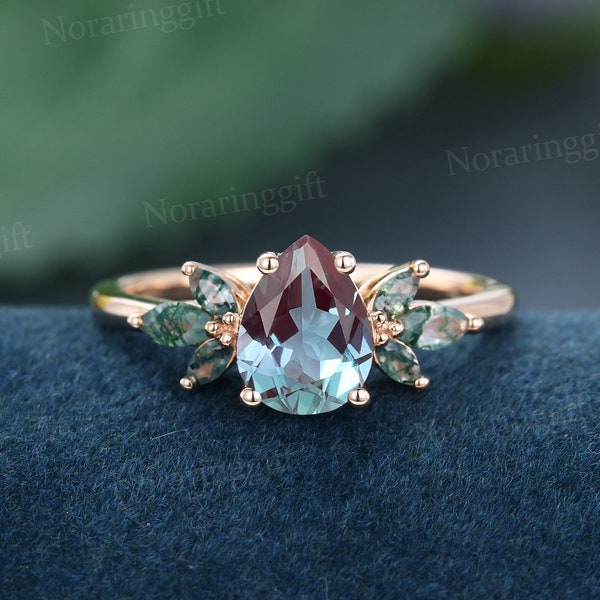 Pear Shaped Alexandrite engagement ring Unique rose gold engagement ring Marquise cut agate cluster ring bridal dainty annual ring