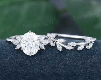 Oval cut Moissanite engagement ring set vintage white gold ring Marquise Diamond Leaf Branch ring wedding ring Bridal set Anniversary ring