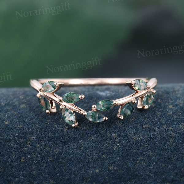 Marquise cut Moss agate wedding band vintage Delicate rose gold wedding band Leaf Branch band Bridal Antique women Matching Anniversary ring