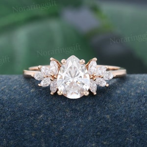 Pear shaped Moissanite engagement ring vintage rose gold ring Marquise diamond ring Unique Cluster ring wedding Bridal ring promise ring