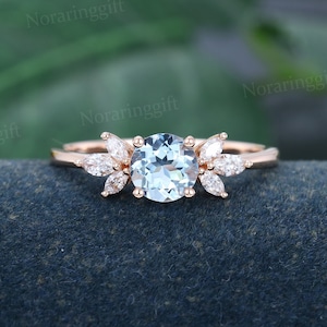 Unique Aquamarine engagement ring rose gold ring vintage Marquise cut Moissanite ring Cluster ring wedding Bridal ring dainty Annual ring