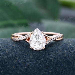 Peervormige Moissaniet verlovingsring vintage roségouden ring diamanten ring Unieke gedraaide band Bruidsring beloftering Jubileumring